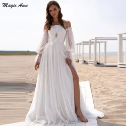 Magic Awn 2022 Beach Wedding Dresses Off The Shoulder Detachable Puffy Sleeves Soft Tulle Boho Bridal Gowns Side Split Simple