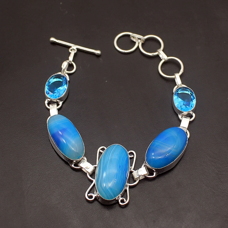 Hermosa редкий стильный Bluetooth Ботсвана агате925 Стерлингового Серебра Талисманы браслеты для женщин 7,75 дюймов A787