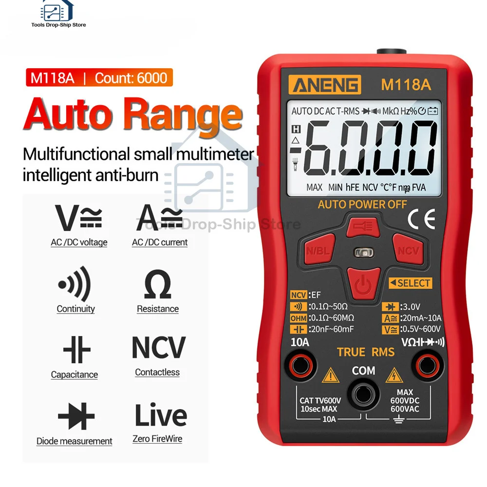 

M118A LCD Digital Mini Multimeter Tester Auto Mmultimetro True Rms Tranistor Meter With NCV Data Hold 6000counts Flashlight