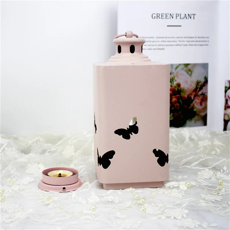 American candlestick wrought iron pink green metal candlestick lantern home decoration wind lamp candlestick lamp soft 30O16 (2)