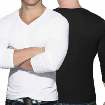 

Hot sale Men's V Neck Long Sleeve Shirt Slim Fit Casual Solid Color Basic Shirts solid color black white red men tops