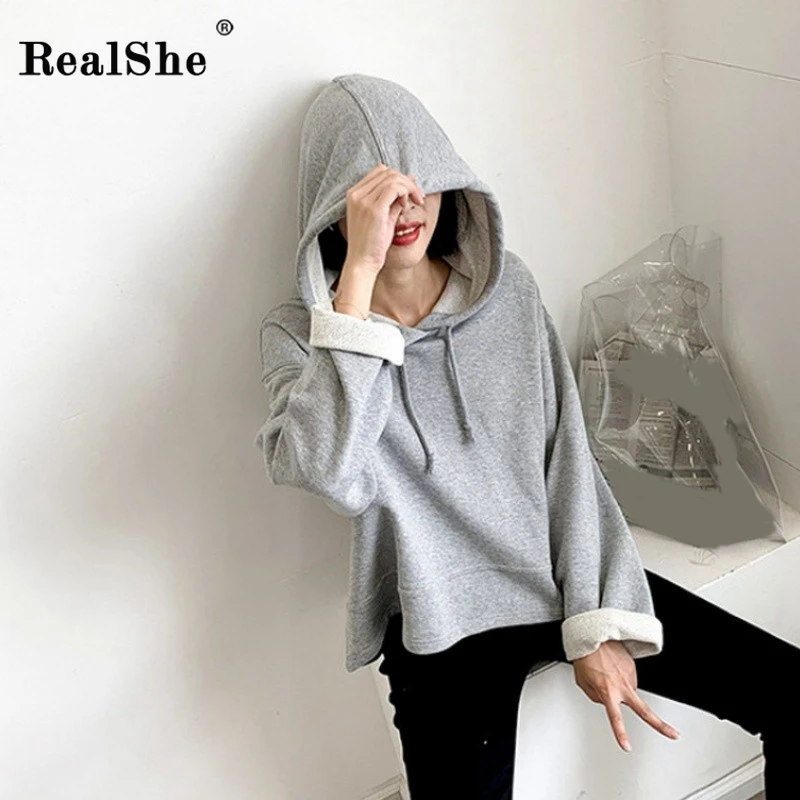 RealShe/Женская толстовка с капюшоном и длинным рукавом; однотонные толстовки; женские толстовки; Весенняя Повседневная Уличная одежда; Свободная Женская толстовка