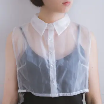 

Women Ladies See-Through Organza Lapel Half-Shirt Blouse Button Down Adjustable Detachable Solid Color Classic False Fake Collar
