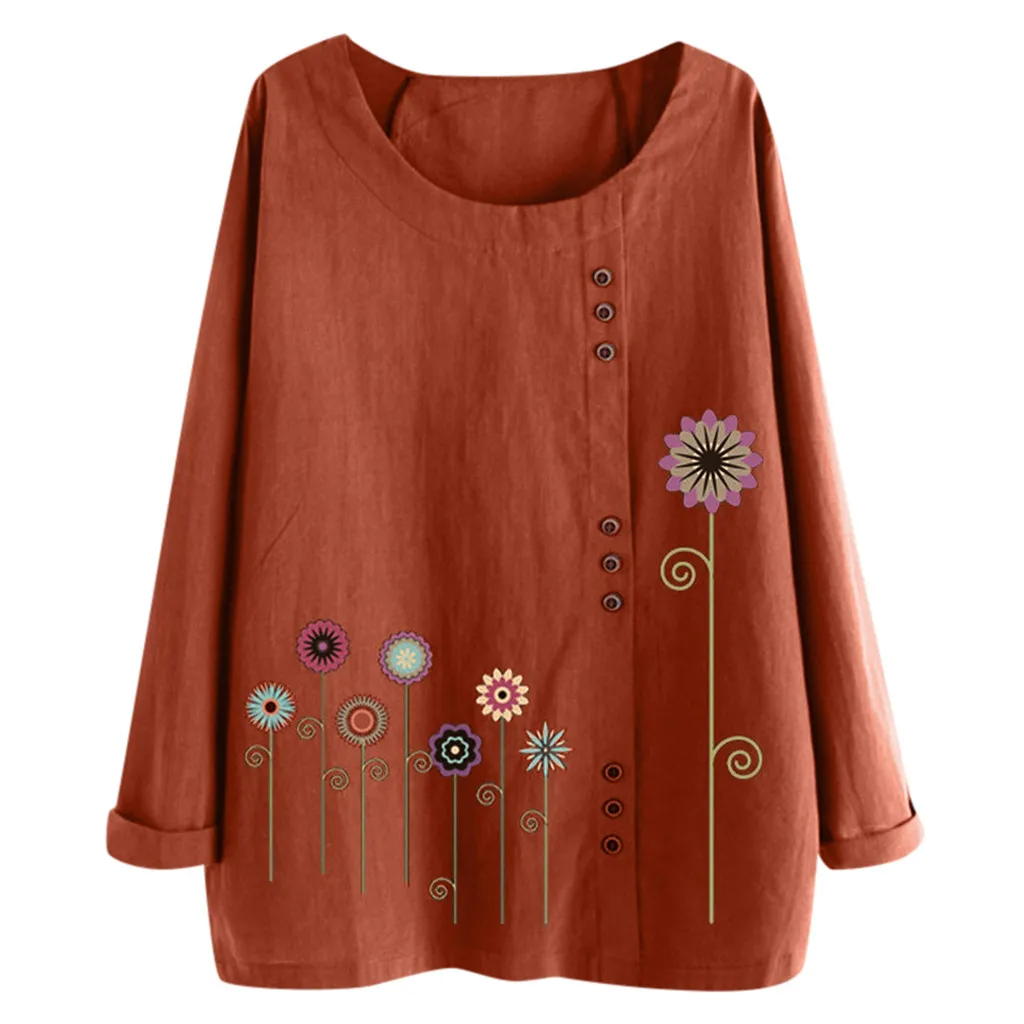 Новая Женская осенне-зимняя футболка, женские блузки, повседневные, большие размеры, с круглым вырезом, с принтом, на пуговицах, с длинными рукавами, блузки, топы, M-XXXXXL - Цвет: BW1