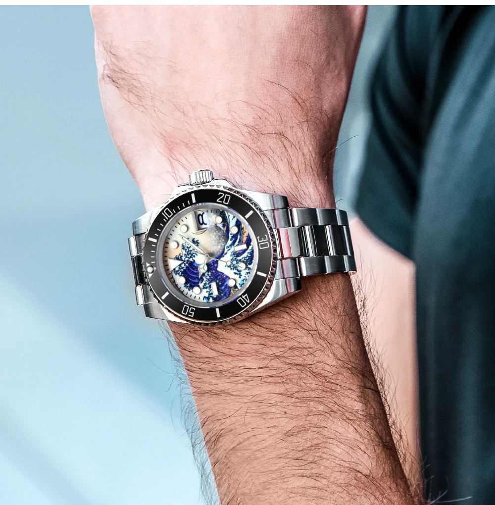 Tandorio Kanagawa Dial 40mm Mechanical Automatic Men's Watch NH35 Movement Luminous Dial Bezel Mid-polished Bracelet Screw Crown