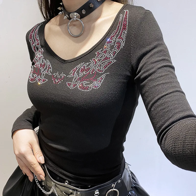 

New Winter Fashion Men's Tops-Women's Pullover Retro Pattern Hot Drilling V-neck Long-Sleeve Women's T-shirt Street Harajuku