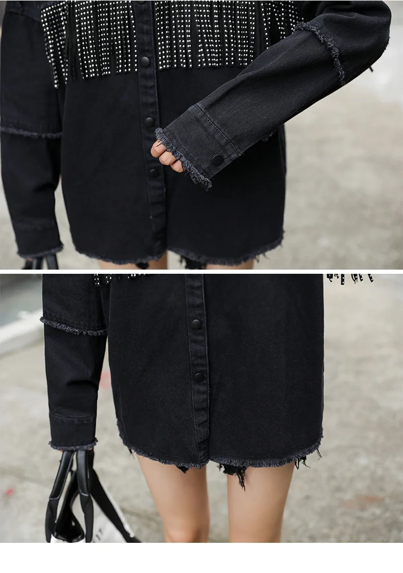 Black Loose Denim Jacket Women Vintage Stylish Fringe Beaded Button Jeans Jacket Women 2020 Turndown Collar Chic Chaqueta Mujer