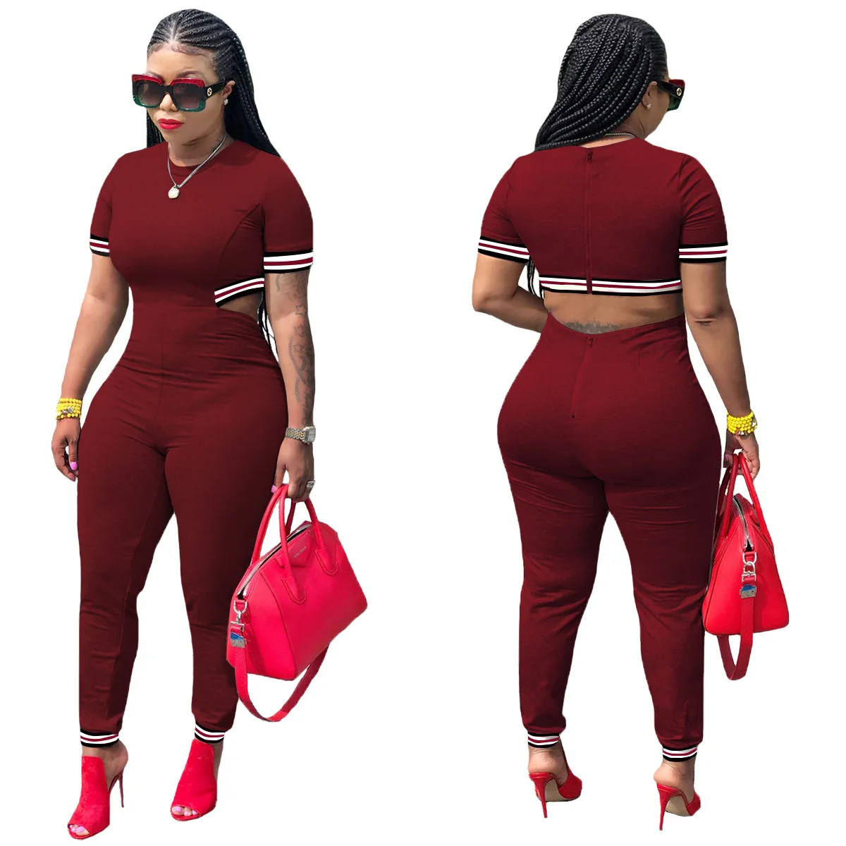 2019 explosion models Europe and the United States urban fashion women's webbing short-sleeved three-color jumpsuit trousers 2019 explosion models Europe and the United States urban fashion women's webbing short-sleeved three-color jumpsuit trousers