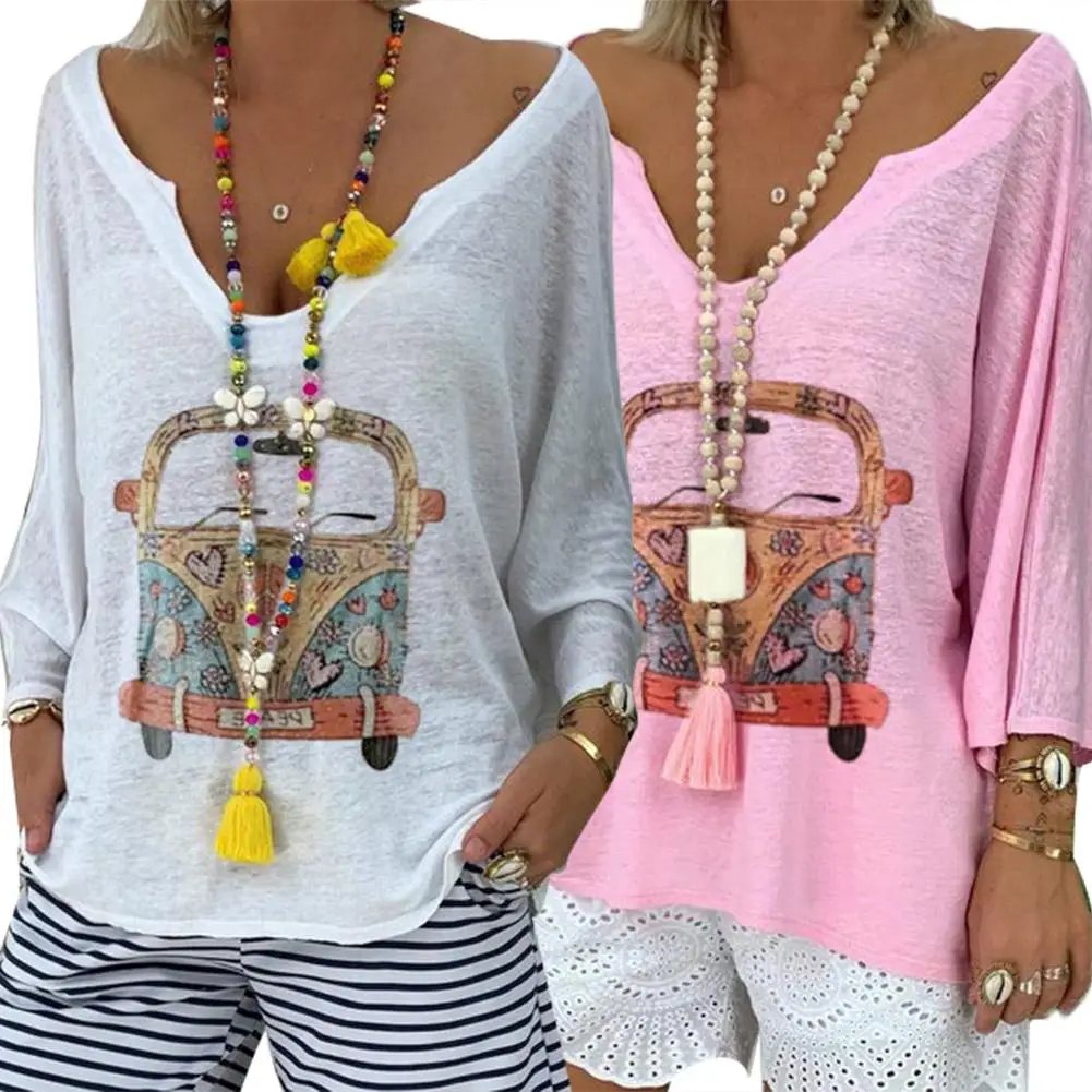 Blusa de poliéster de manga larga con dibujo de coche para verano, camisa con cuello de pico profundo para mujer, 2020