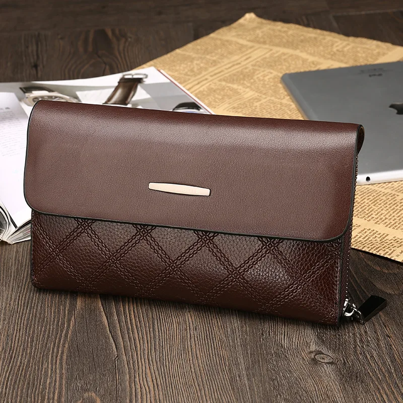 

2017 New Style Genuine Leather Men Business Casual Cowhide Clutch Flip Long Rhombus Hand Wallet