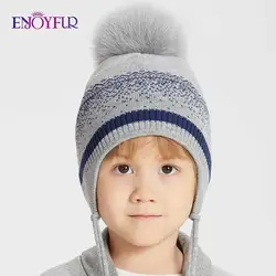 ENJOYFUR/хлопковые зимние головные уборы для детей, настоящий помпон из лисьего меха, шапка с ушками для мальчиков, Толстая теплая детская