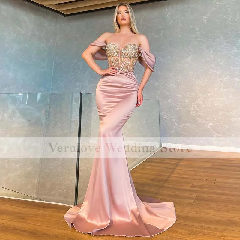 Veralove Pink Mermaid Prom Dress 2021 Off the Shoulder Robe De Mariage Suknia Slubna Formal Reception Party Gowns cheap prom dresses