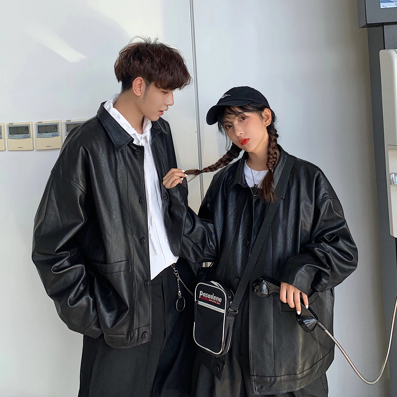Autumn New Ins Washed Couple Long-sleeved Leather Fashion Casual Loose Solid Color Coat Jacket Tide Black S-XL - Цвет: black