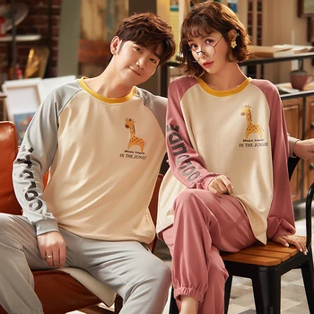 

Spring Autumn Knitted Cotton Cartoon Men's Pyjamas Couple Pajamas Set Casual Women's Sleepwear Night Pijamas 3XL Home Clothing