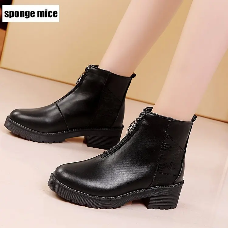 

Simple round head flat Martin boots autumn new stitching front zipper short boots warm low boot women ankle boots platform boots