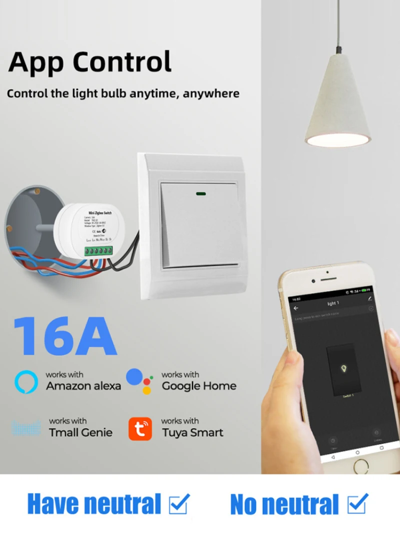 16A Tuya Zigbee Mini Smart Switch Two Way Wifi Breaker No Neutral Wire Smart Home Via Zigbee Gateway Work With Alexa Google Home