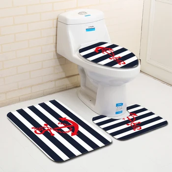 

3Pcs/set Bathroom Mat Set White and Black Stripe Anchor Anti Slip Shower Bath Mat Coral Fleece Floor Mats Bathroom Toilet Rug