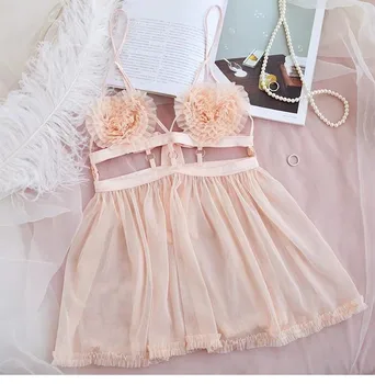

Pink Sexy Nightdress Perspective Mesh Openwork Sexy Lingerie Heart Design Strapless Backless Sleepwear Women Night Wear Dress
