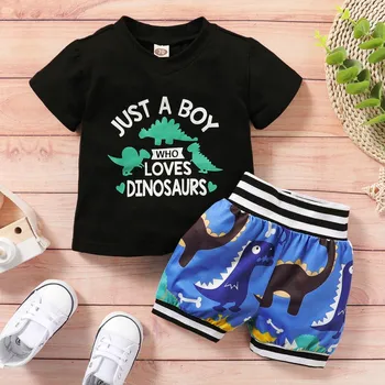

Summer Baby Boy 2pcs Clothing Set Black Cartoon Dinosaur Print T-shirt For Boys Blue Shorts Pants Set Kids Outfits