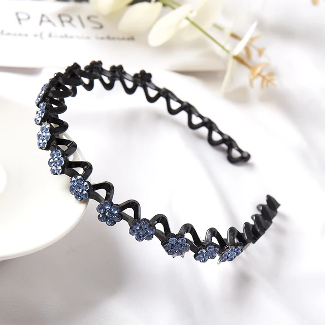 Fashion Pearl Non-Slip Rhinestone Hairbands Elastic Flower Women Hair Hoop Bands Headband Bezel Girls Hair Accessories Headdress 2 blue