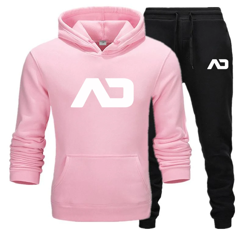 Модные мужские и женские спортивные костюмы, осенне-зимняя спортивная одежда с принтом, мужские комплекты, толстовки+ длинные штаны, комплект из двух предметов, флисовый спортивный костюм - Цвет: pink black