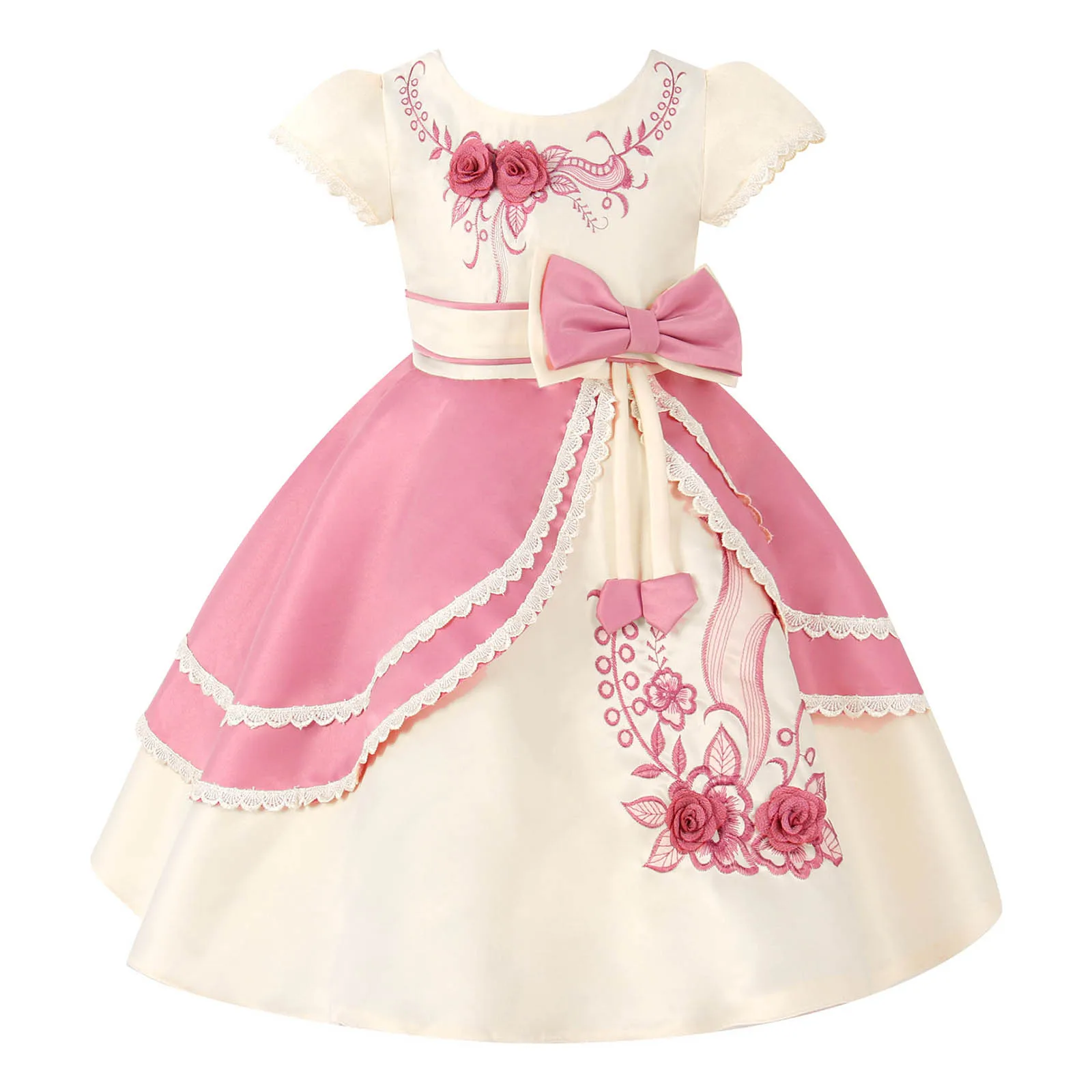 

Kids Girls 1Pcs Short Sleeves Party Dress with Floral Embroidered Bowknot Adorned Polyester Tutu Princess Dress for Wedding Gift