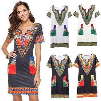 

Fadzeco Africa Tribal Print Dress Woman Summer Retro Short Sleeve Dashiki Riche Bazin S-3XL V-neck African Clothing for Women