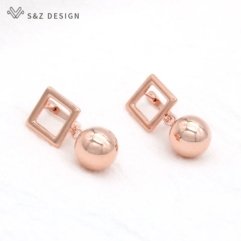 S&Z DESIGN Fashion Round Metal Bead Dangle Earrings For Women Girl Wedding Party 585 Rose Gold Color Jewelry