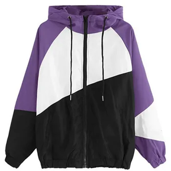 

Women Hooded Jacket Summer Long Sleeve Patchwork Loose Windbreaker Lightweight Jacket Zipper Cortaviento Mujer 2019 Autumn Tops