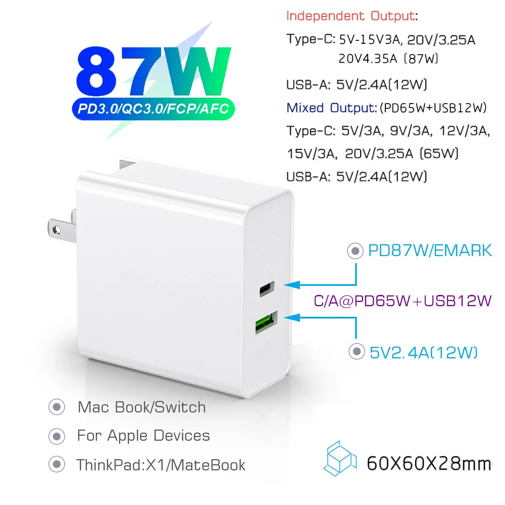 US $20.74 USBC PD 87W Power Adapter1Port PD87W65W Wall Charger Laptop Adapter For MacBook IPad ProUSB A 24A For Samsung IPhone Huawei