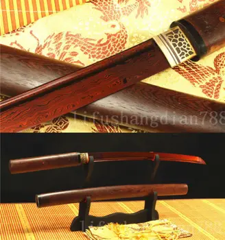 

JAPANESE WAKIZASHI SWORD FOLDED STEEL RED FULL TANG BLADE ROSE WOOD SAYA SHARP