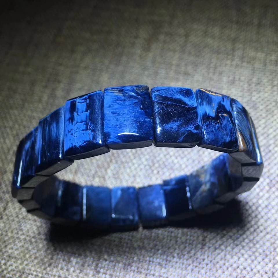 

Natural Blue Pietersite Women Men Bracelet 14.5/10.5mm Rectangle Beads Bangle Chatoyant Cat Eye Namibia Certificate AAAAA