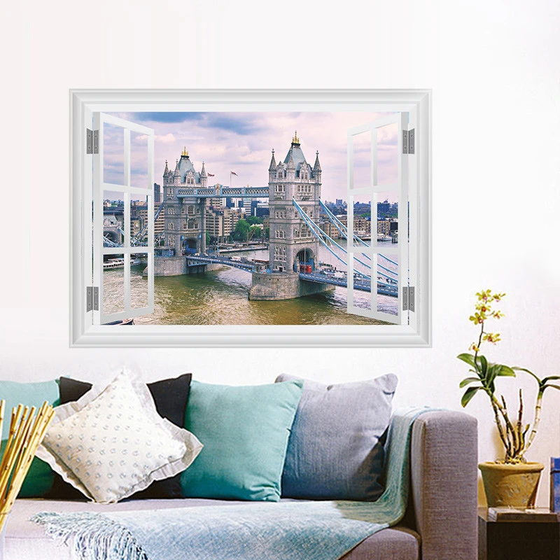 6style 3D Vivid View City Scenery Window Wall Stickers Living Room Bedroom Decoration Home Decor Mural Landscape Wall Art Decal