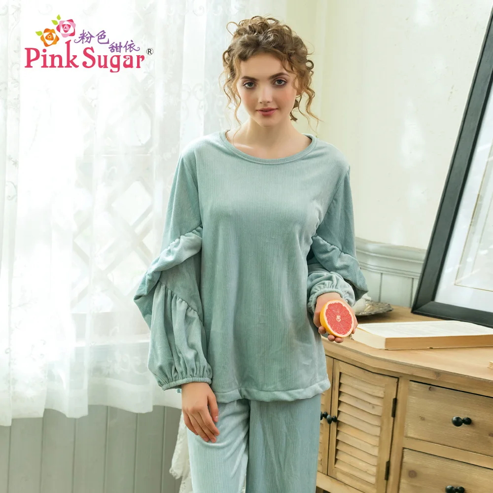 

Flannel Pajamas Women's Autumn And Winter Plus-sized Lantern Sleeve Simple Pullover Sweet Long Sleeve Casual Homewear Set