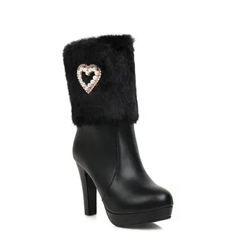 

Sweet high heels platform ladies ankle boots woman warm winter snow boots round toe dress wedding shoes woman big size 34-43