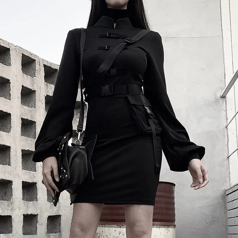 

Gothic Black Women Mandarin Collar Flare Long Sleeve Buckle Slim Mini Dress 2020 Spring Goth Punk With Pocket Bodycon Dresses