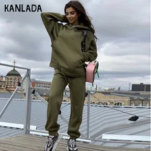 Fall/winter 2021 European and American Fashion Big Pocket Solid Color Hooded  Casual Trousers Two-piece Hoodies Women