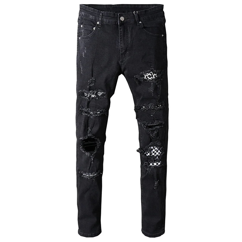2019 Men's Black White Patch Holes Ripped Jeans Plus Size Slim Fit Skinny Distressed Stretch Denim Pants Man |
