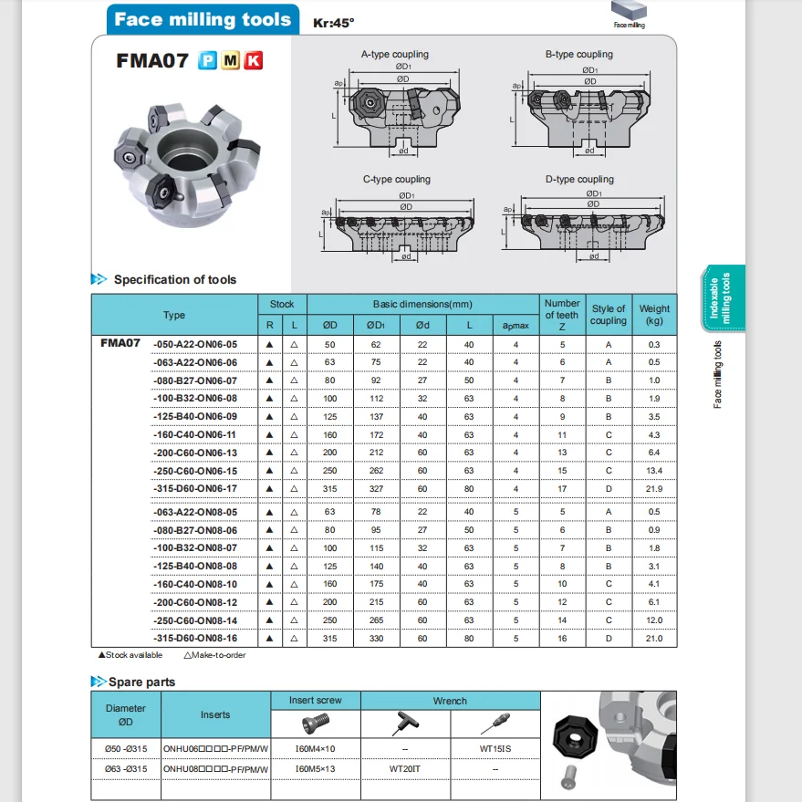 ZCC.CT ONHU060408-PF/PM ONHU08T508-PF ONHU08T508-PM YBC302 YBD152 YBM253 YBG202 YBM351 Carbide Inserts MFA07 Face Milling Cutter