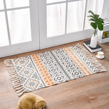 

Fabric Cotton Woven Floor Mat, Tassel Knotted Printed Carpet, Entrance Mat, Modern Minimalist Home Bedside Decorative Carpet
