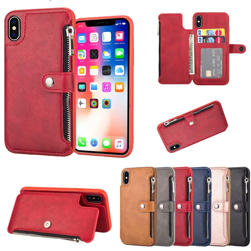 

PU Leather Flip Zipper Case For iPhone 11 Pro X XR XS Max 6 6S 7 8 Plus Card Holder Stand Cover For Samsung S10 S9 S8 Note 8 9