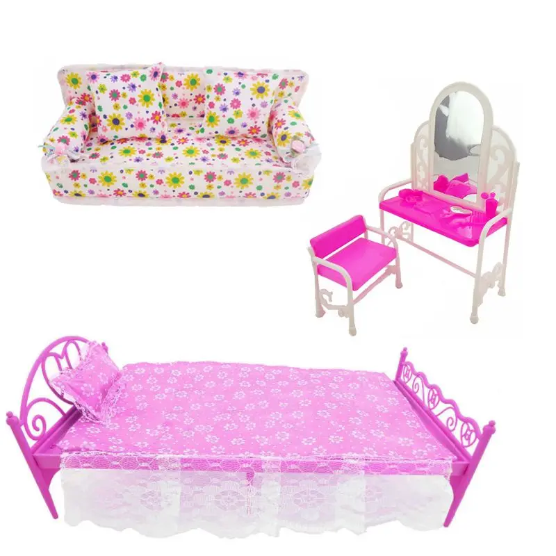  3pcs/set Scale 1: 12 Miniature Dollhouse Accessories Dressing Table Sofa Bed Furniture for Bedroom 