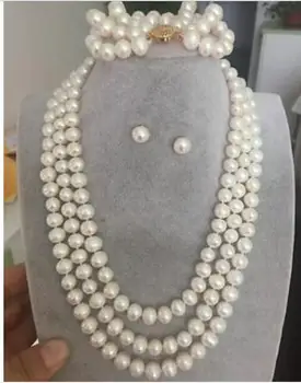 

triple strands 9-10mm south sea white pearl necklace &earring &bracelet