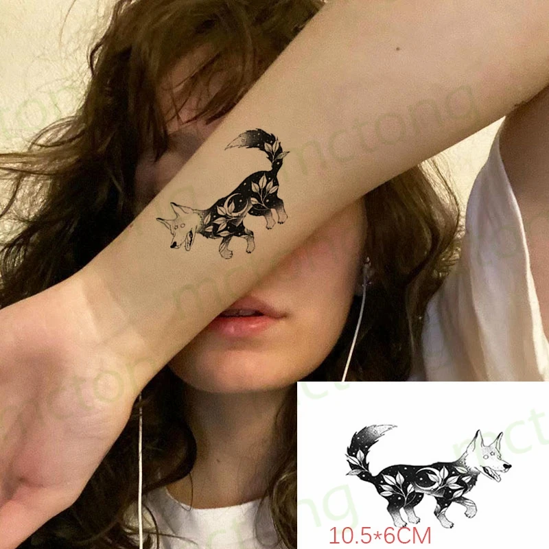 

Водостойкая Временная тату-наклейка для женщин, черный хвост собаки, животное, цветок, луна тату боди-арт, имитация татуировки для мужчин и женщин