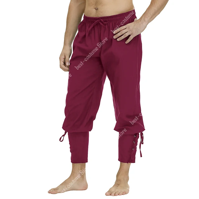 Medieval Pants for Men Pirate Viking Costume Pants Plus Size Trousers Pirate Cosplay Costume With Drawstrings wine red