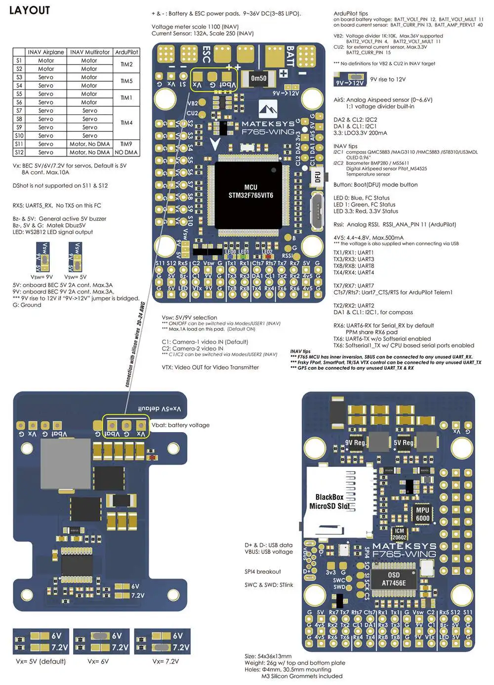 Matek System F765-WING STM32F765VI Контроллер полета Встроенный OSD для RC самолета фиксированное крыло