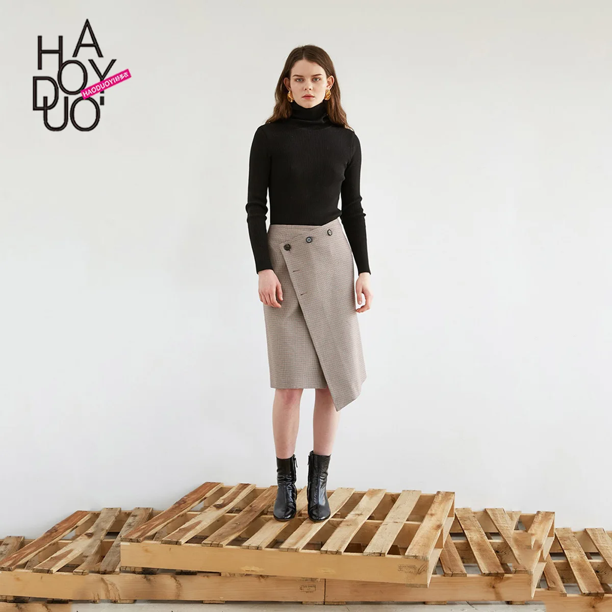 

Europe And America Fashion Elegant Retro Plaid Button down Non-symmetrical High-waisted Slimming Sheath Korean Series Skirt Hot