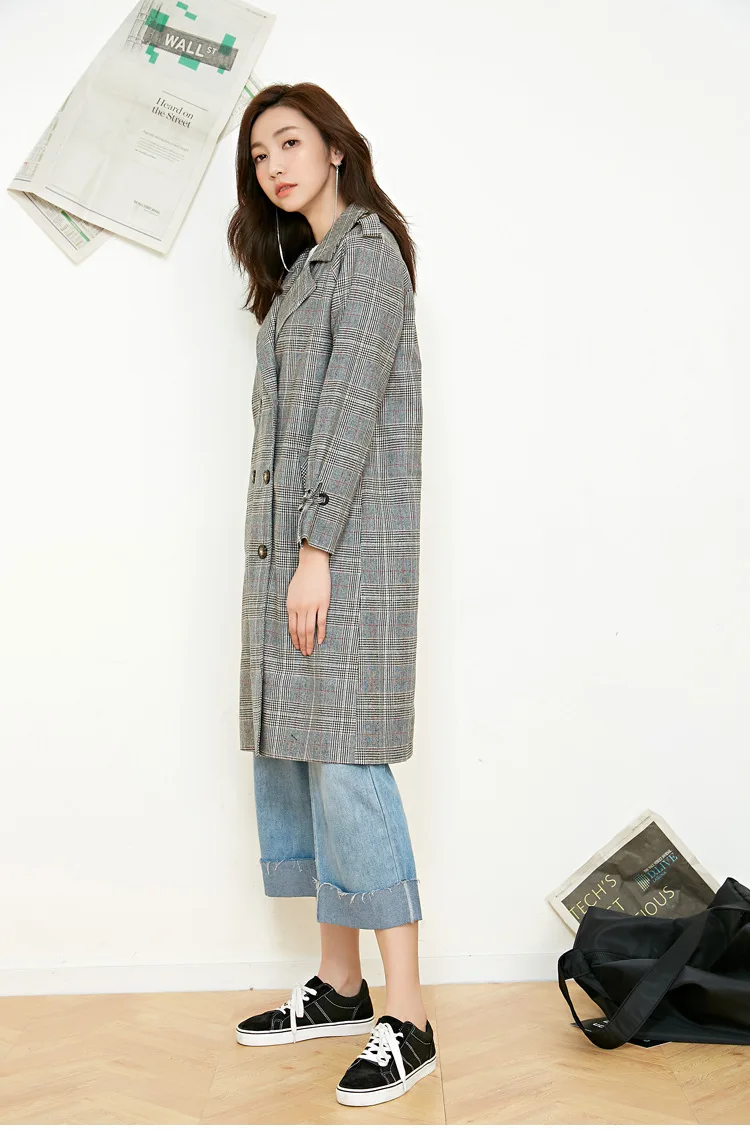Осенний женский классический двубортный тренчкот женская клетчатая ветровка