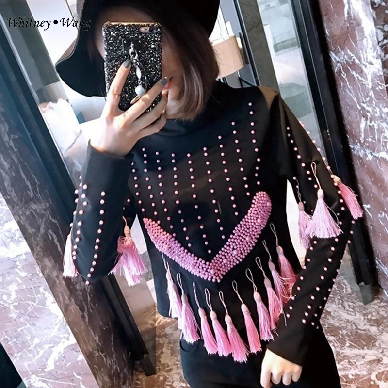 WHITNEY WANG Футболка женская Осенняя мода уличная Ручная работа Beadings Tassel Футболка женская футболка Топы Футболка femme