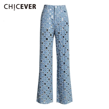 

CHICEVER Hollow Out Wide Leg Pants For Women High Waist Ripped Hole Autumn Denim Trousers Female Fashion Clothing 2020 Tide New
